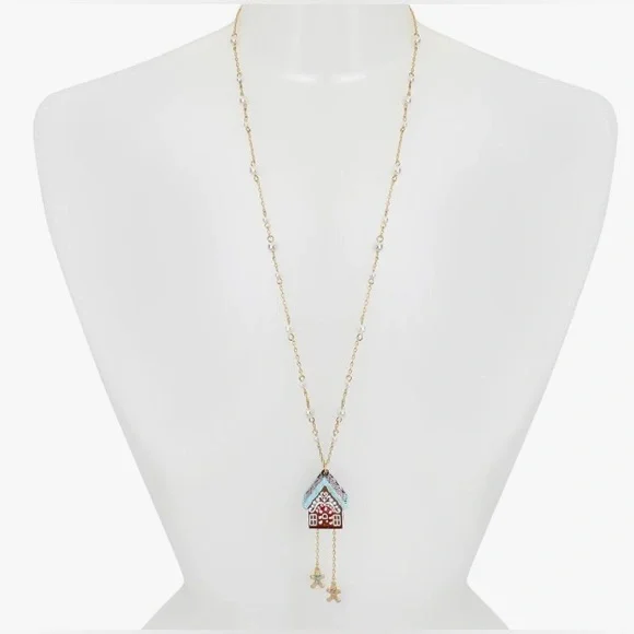 NWT Betsey Johnson Christmas Gingerbread House Long Chain Pendant Necklace - Picture 3 of 10